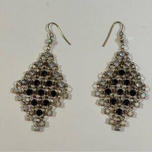 Black and clear rhinestones dangle earrings set in silver tone pierced ear #036